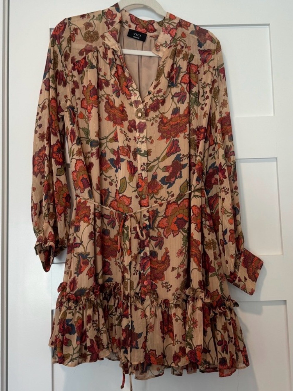 Vici Long Sleeve Floral Ruffle Mini Dress in Beige and Rust